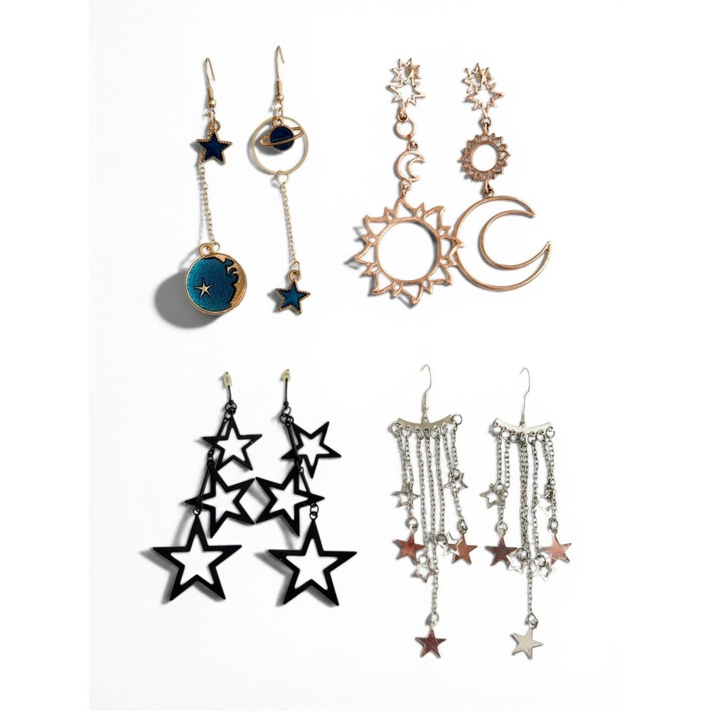 Lot of 4 Pairs Celestial Dangle Earrings Sun Moon Stars Planet Asymmetric